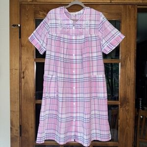 Miss Elaine Pink Plaid SEERSUCKER Snap House Dress Lounge Nightgown Robe Large